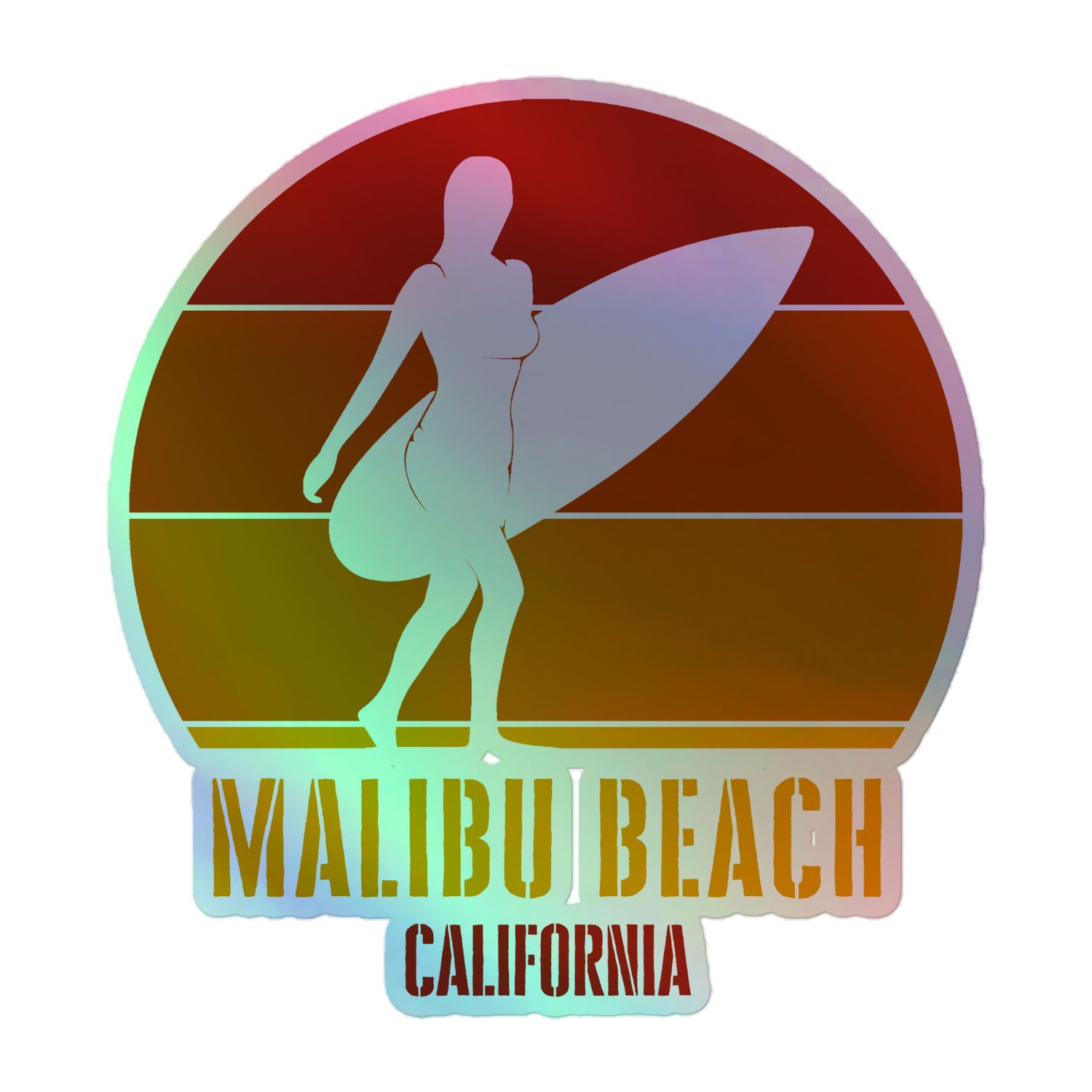 Surfing Malibu Beach California, Californian Surfer Girl Red Design Holographic Sticker