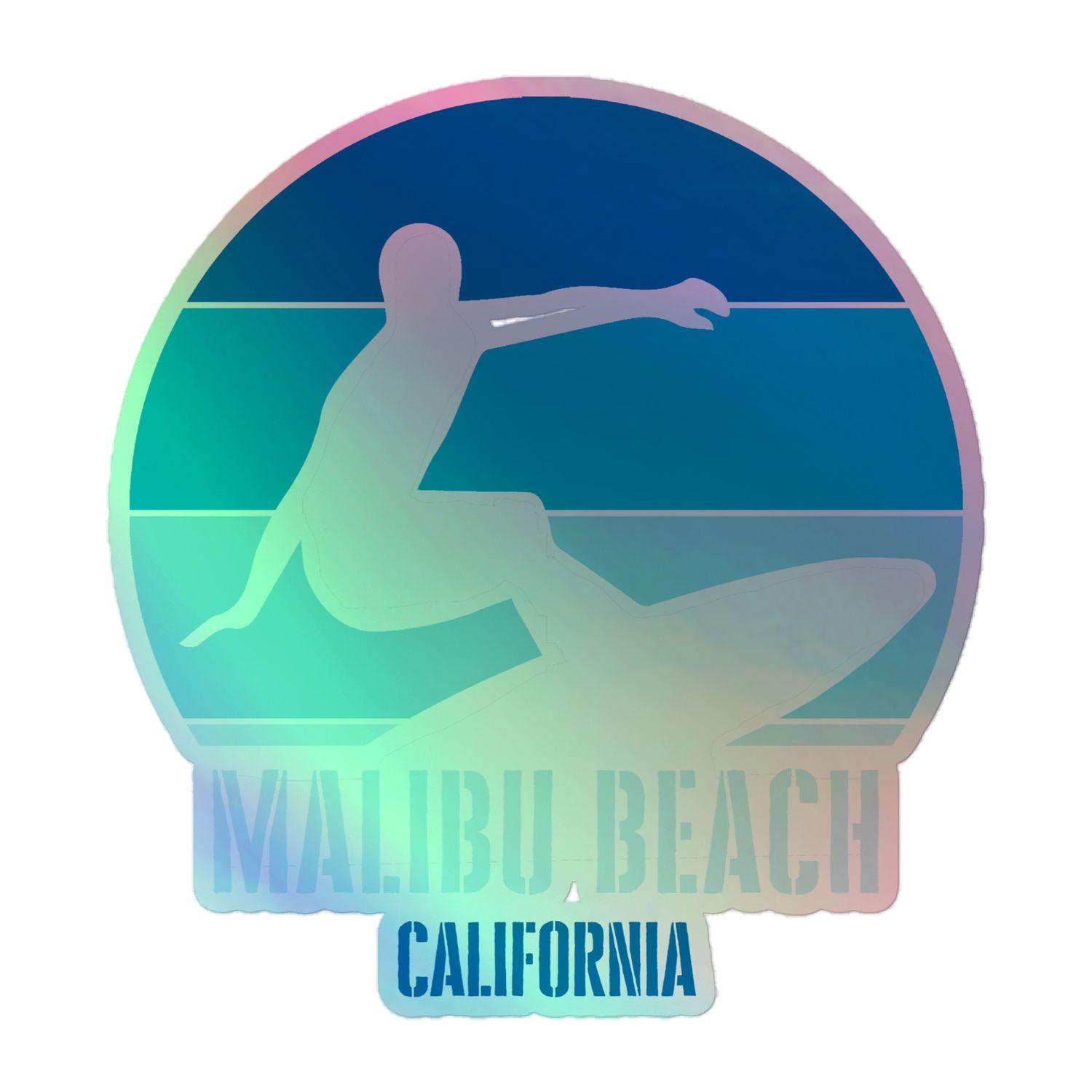 Surfing Malibu Beach California, Californian Surfer Blue Design Holographic Sticker