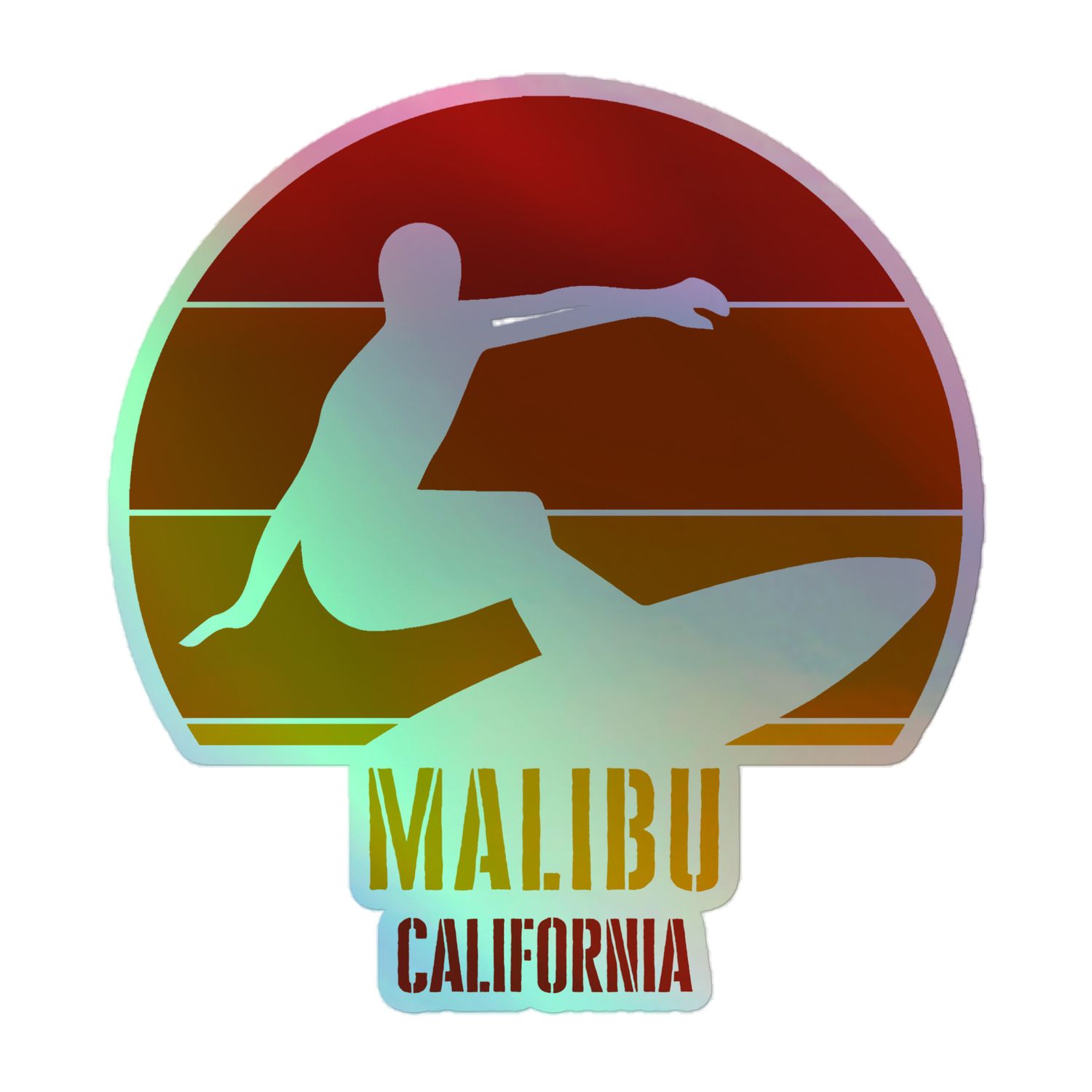 Surfing Malibu California, Californian Surfer Red Design Holographic Sticker