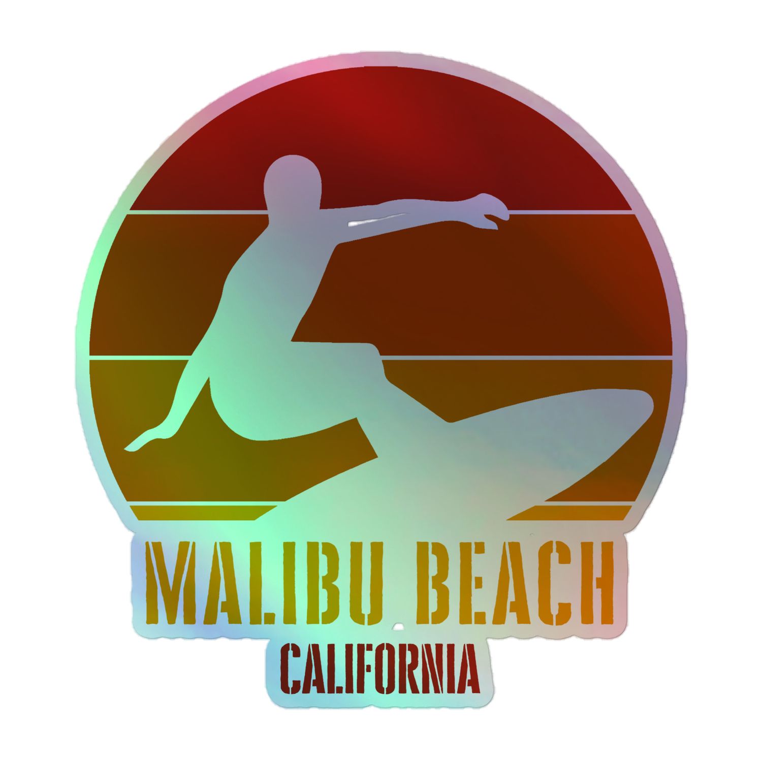 Surfing Malibu Beach California, Californian Surfer Red Design Holographic Sticker