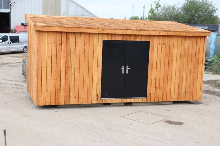 20X8 Welsh Larch Cladded Storage Container / Garden shed with sloping Larch timber shingle roof