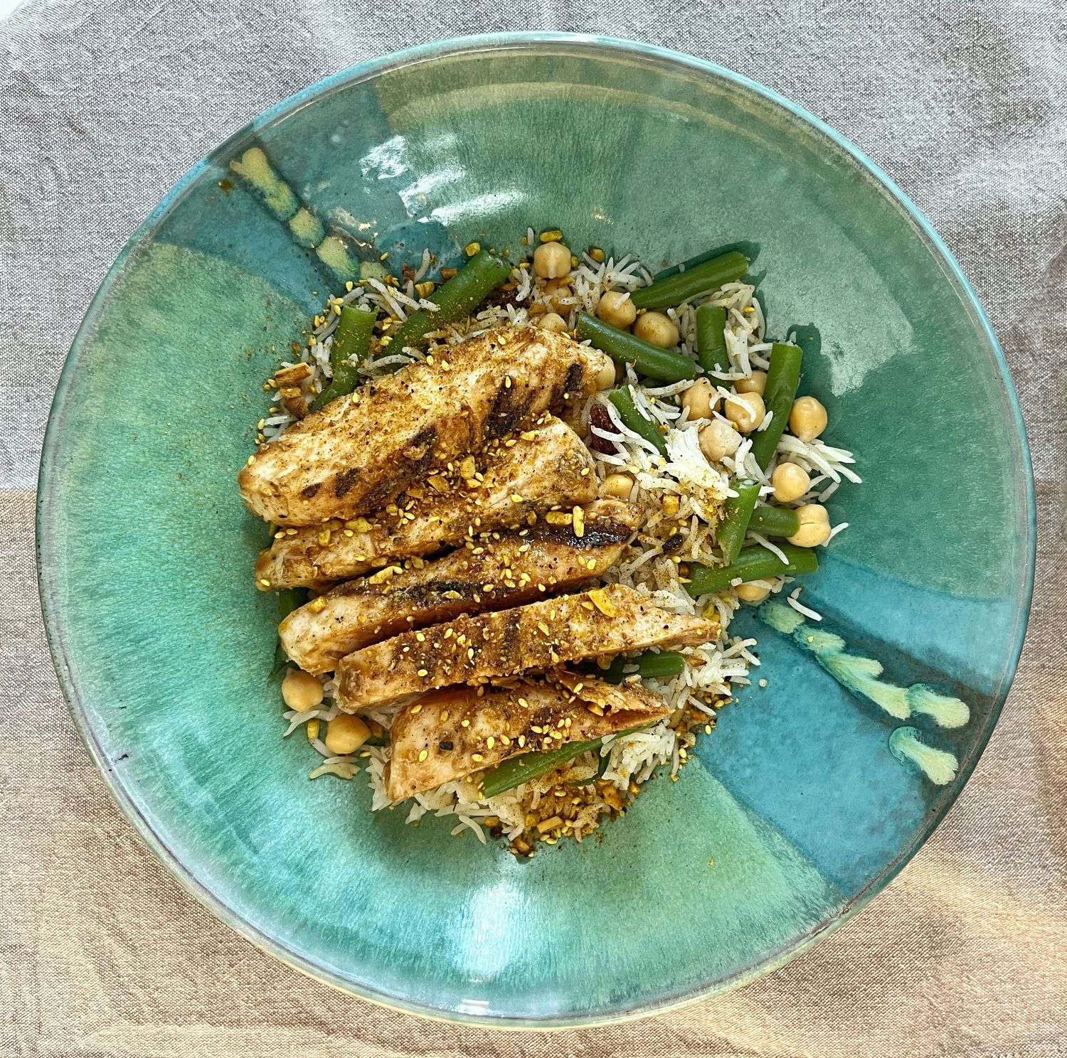 Poulet grillé, dukkah et riz aux pois chiches et haricots verts, Size: Individuel