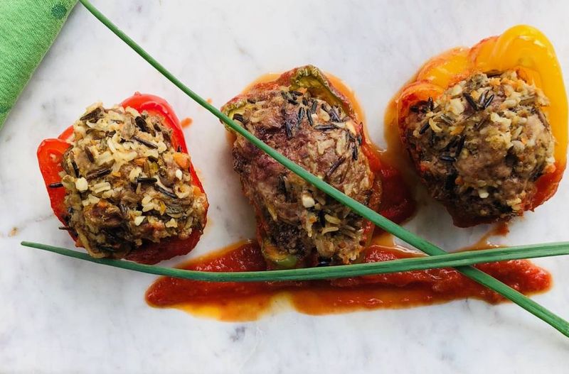 Poivrons farcis (bœuf, porc, veau et riz sauvage)