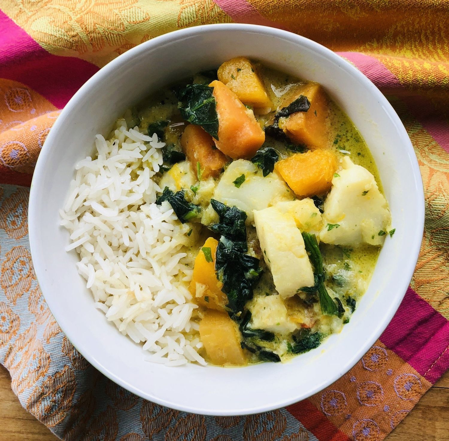 Cari de morue, épinards et courge