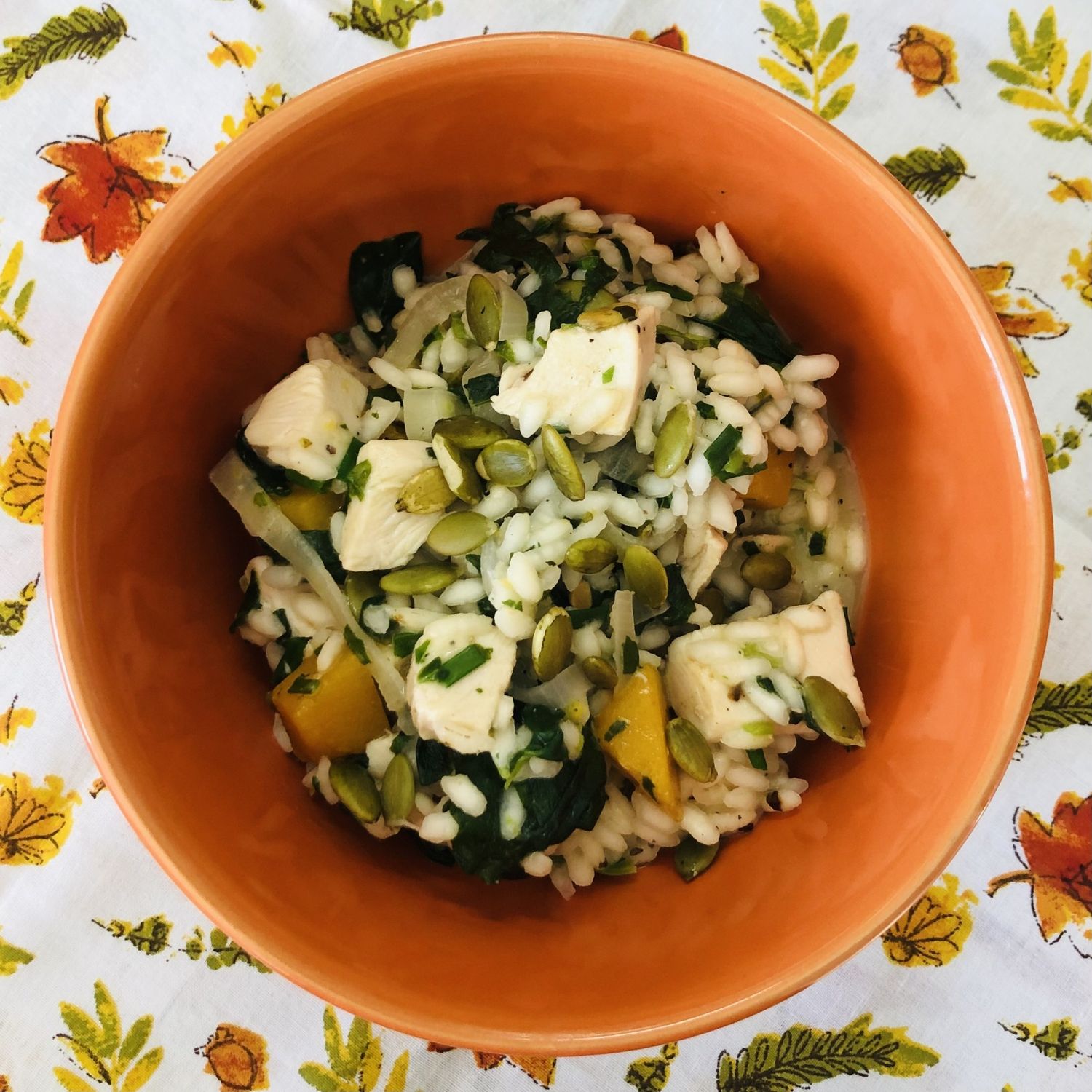Risotto au poulet, courge et sauge