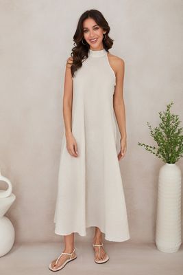 Solid Linen Mock Neck Maxi Dress