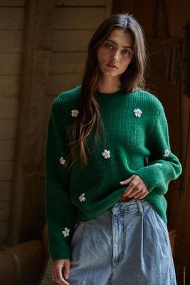 Embroidered Daisies Ribbed Sweater
