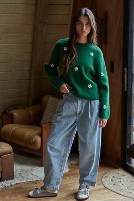 Embroidered Daisies Ribbed Sweater