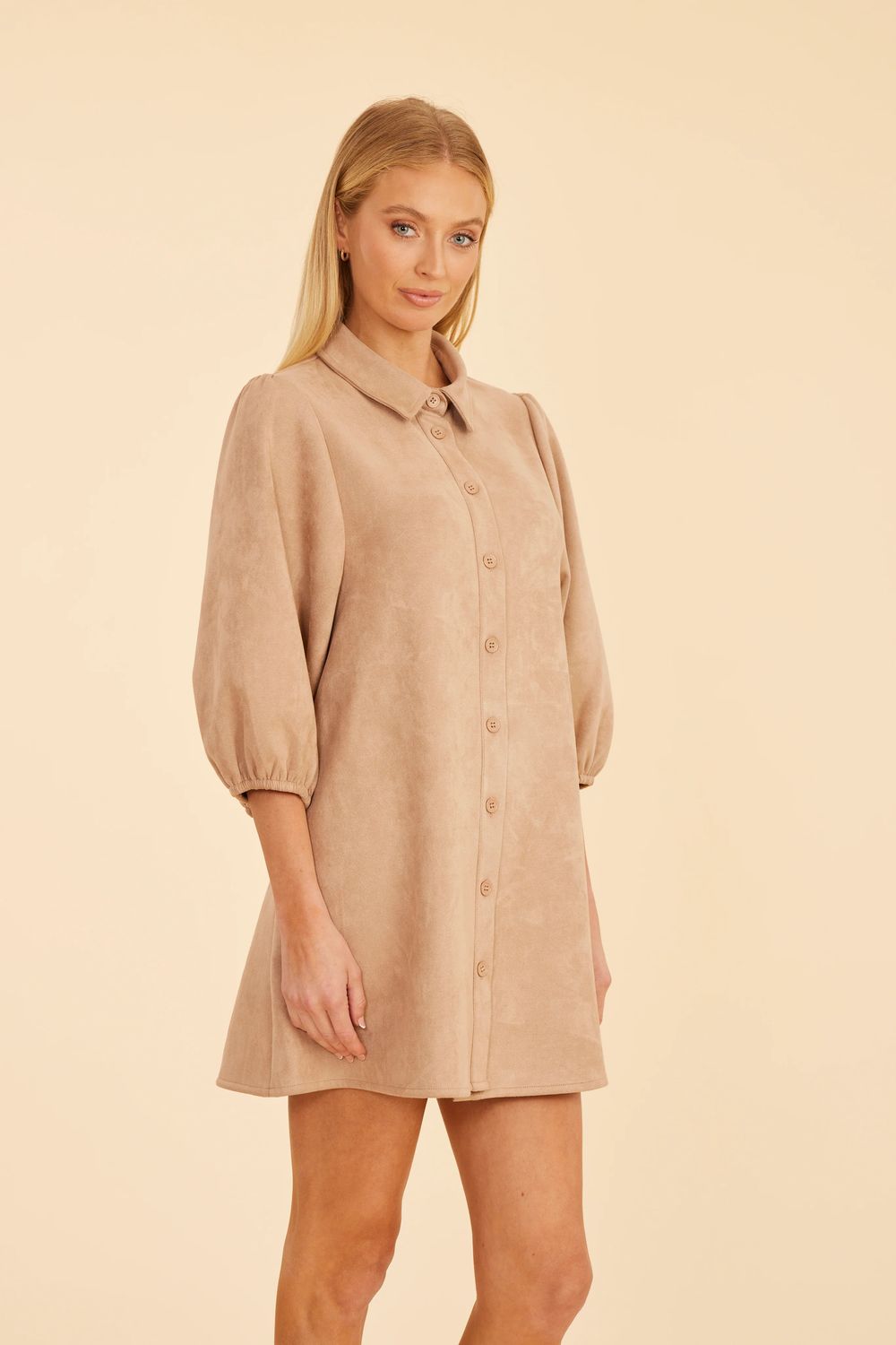 Faux Suede Puff Sleeve Shirt Dress