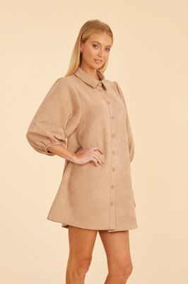 Faux Suede Puff Sleeve Shirt Dress