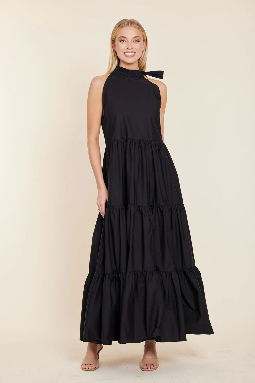 Poplin Tie Neck Tiered Long Dress