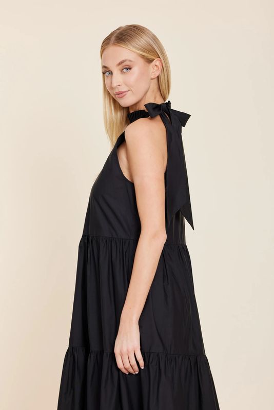 Poplin Tie Neck Tiered Long Dress