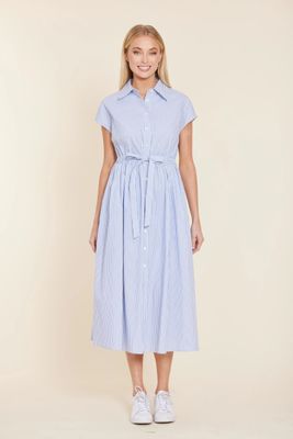 Poplin Striped Tie Waist Dress
