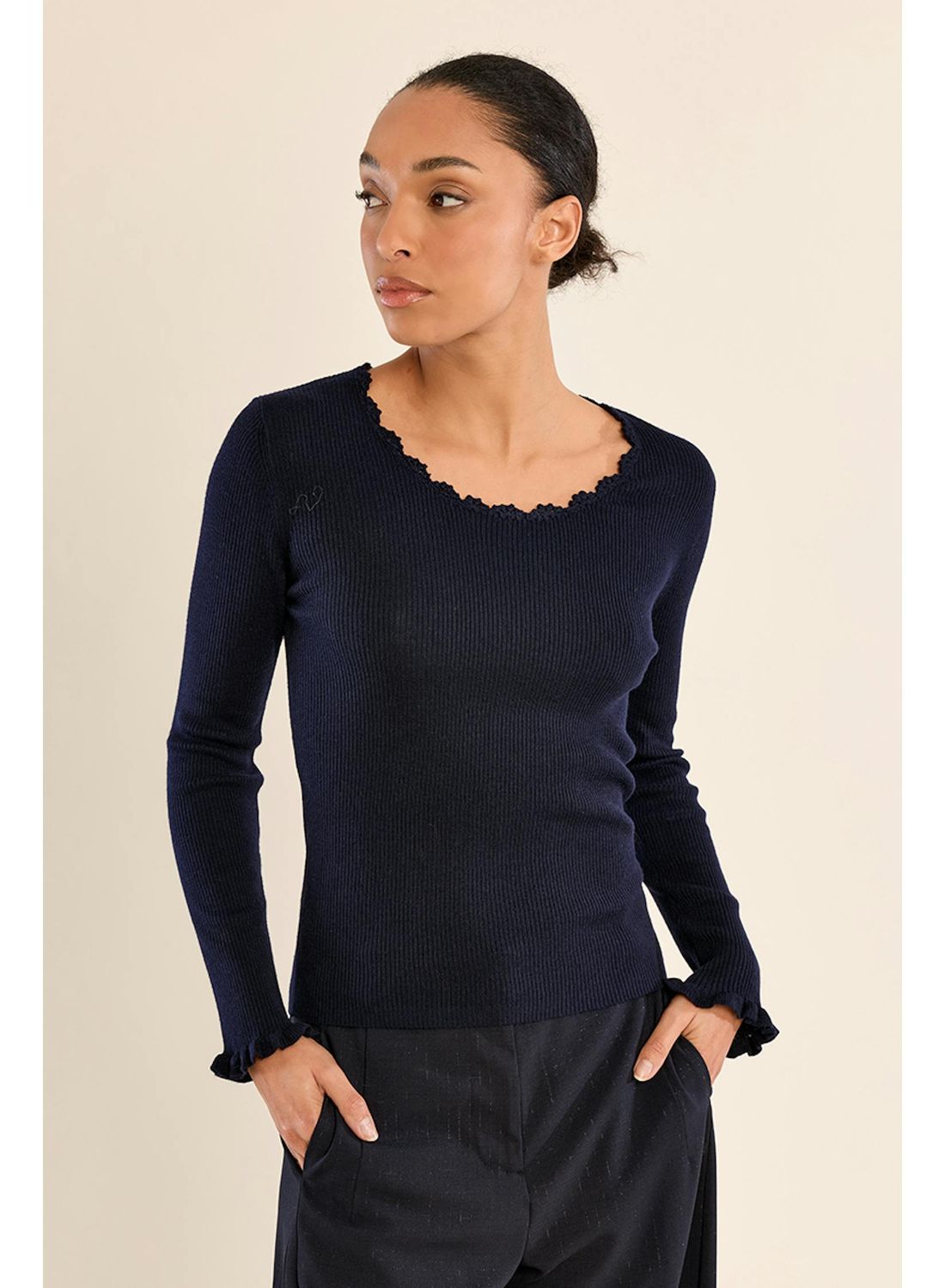 Long Sleeve Rib Ruffle Neck Top