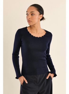 Long Sleeve Rib Ruffle Neck Top