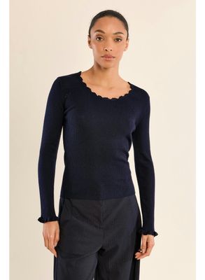 Long Sleeve Rib Ruffle Neck Top