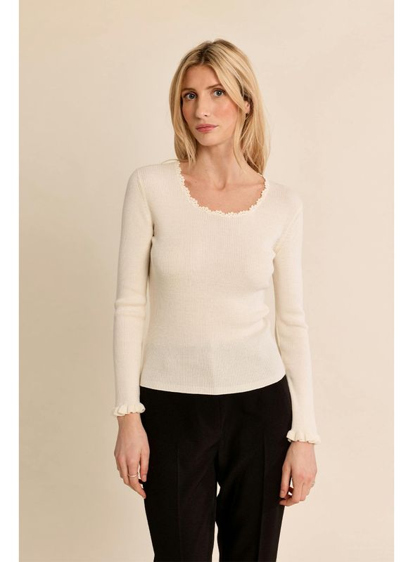 Long Sleeve Rib Ruffle Neck Top