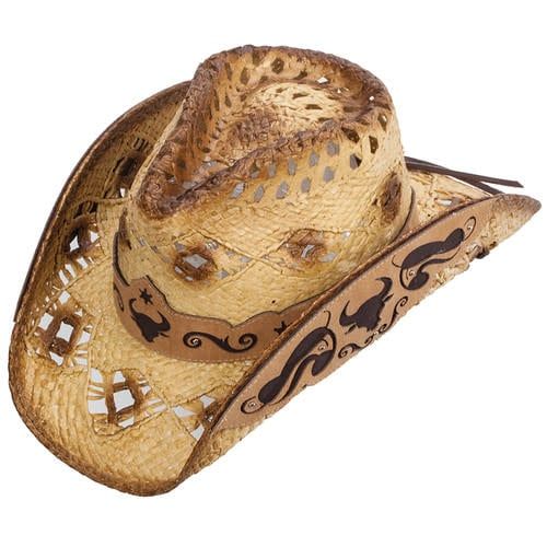 Tan Straw Western Pinch Front Hat with Brown Trim, Leather Hat Band with Steer, &amp; Leather Sides
