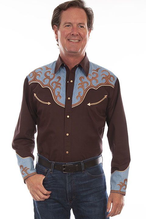 Scully Western Shirt P-913 W/ Blue Cont EMB Yokes Brown