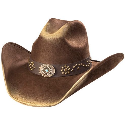 Brown &amp; Camel Suede Like Western Hat with Sunburst Concho on Hat Band, Size: S/M
