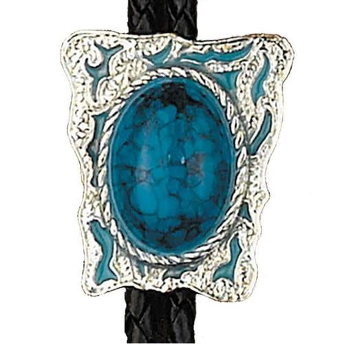 Made in the USA - Blue Stone Rectangular Bolo Tie with Teal Enamel