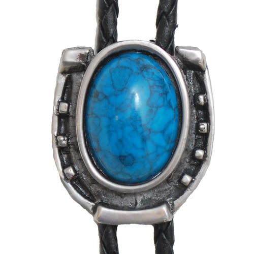 Made in the USA - Antique Silver Horseshoe Bolo Tie with Blue Stone