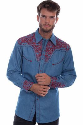 Scully Western Shirt P-634 Denim/Cranberry - Med