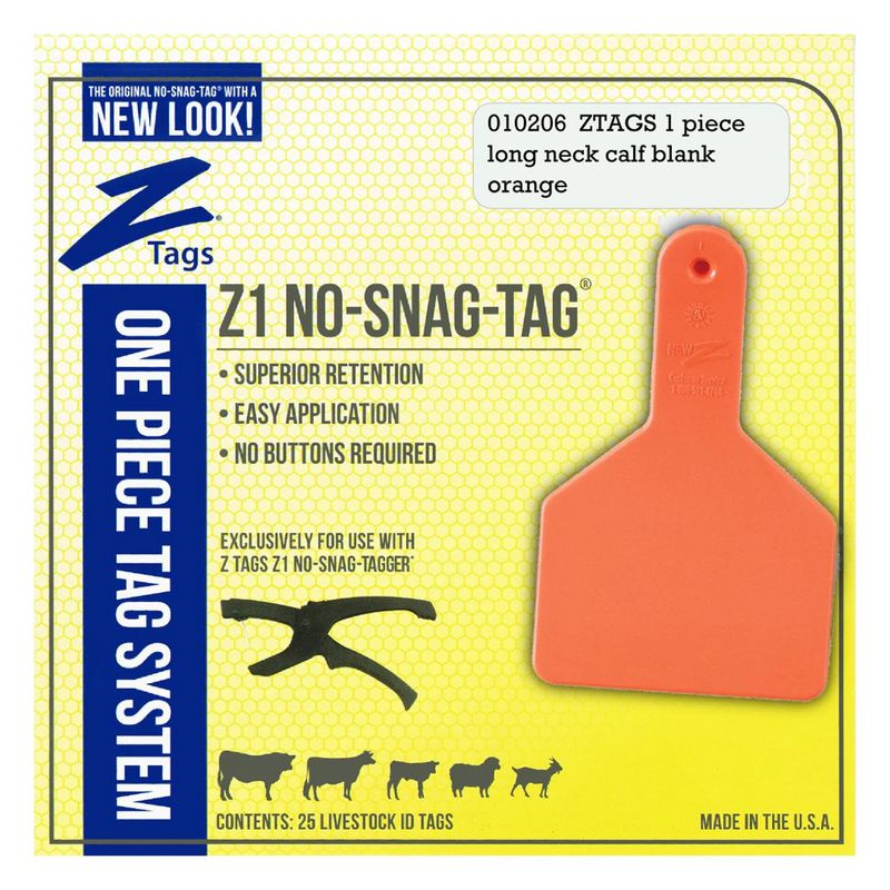Z1 Livestock Tags 1PC Blank Long Neck Calf Orange 25PK