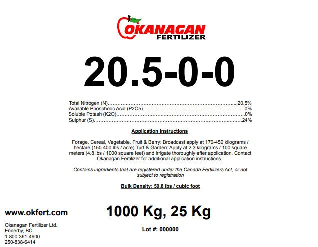 Okanagan Fertilizer 20.5-0-0-24 Ammonium Sulphate 25KG