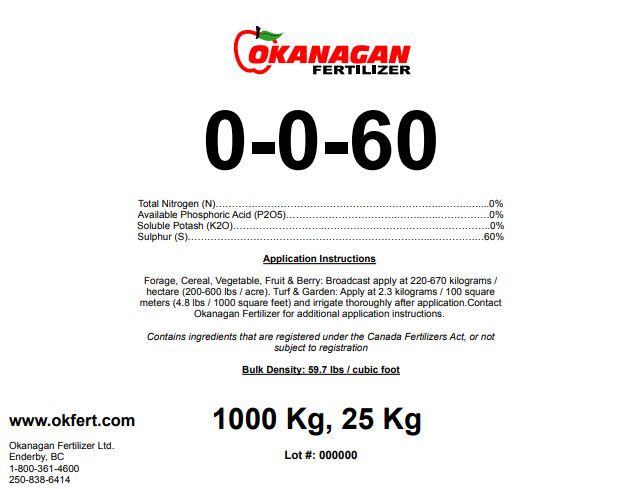 Okanagan Fertilizer 0-0-60 25KG