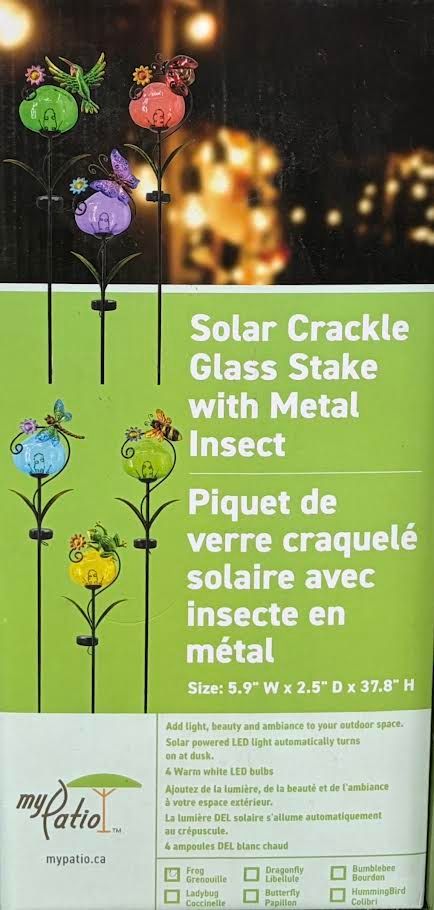 My Patio Solar Stake Crackle Ball w Metal Insect^