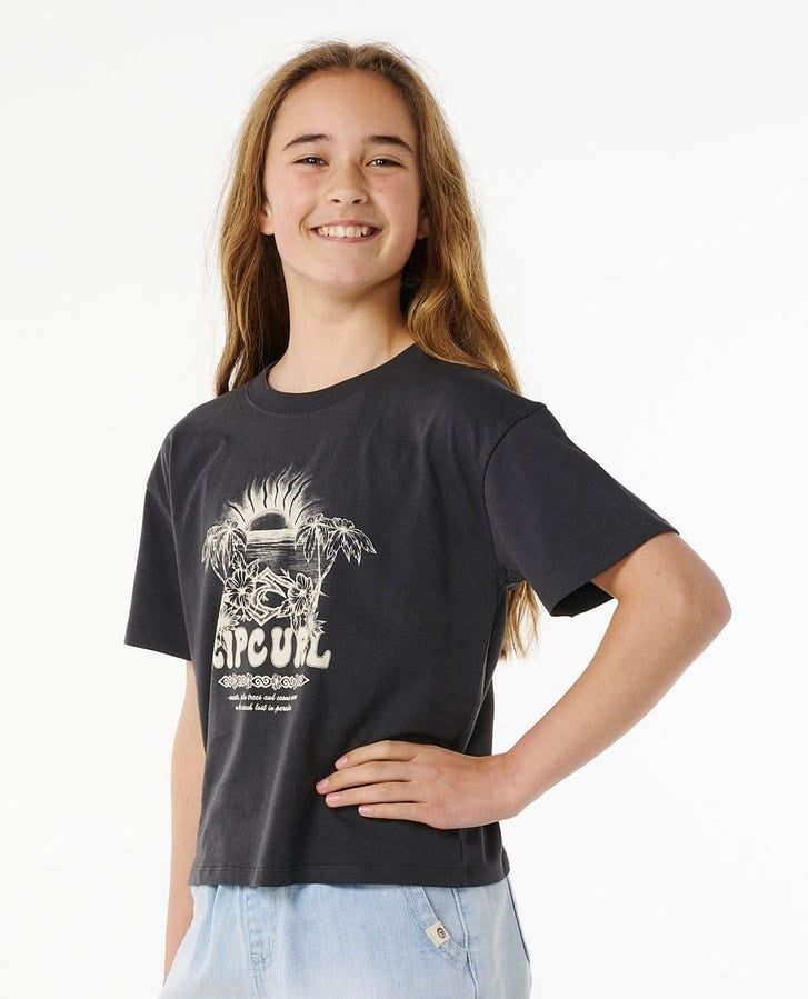 GIRLS HIBISCUS HEAT CROP TEE SM24, Color: WASHED BLK, Size: 8
