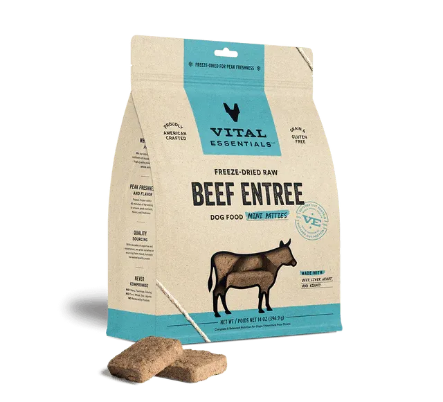 Vital Essentials Freeze Dried Dog Food Mini Patties, Color: Beef Entree 14oz