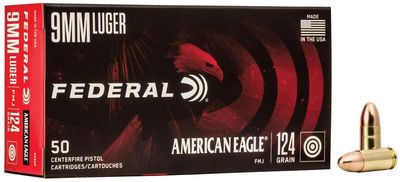 Federal American Eagle 9mm Luger Ammo 124 Grain Full Metal Jacket