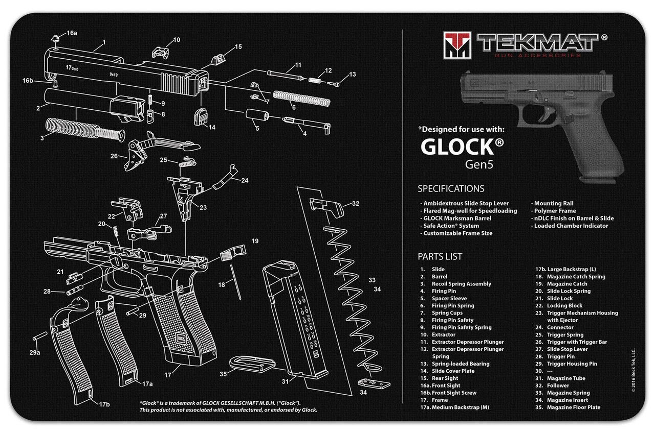 TekMat TEKR17GLOCKG5 Glock Gen5 Cleaning Mat Black/White Rubber 17&quot; Long Glock Gen5 Parts Diagram