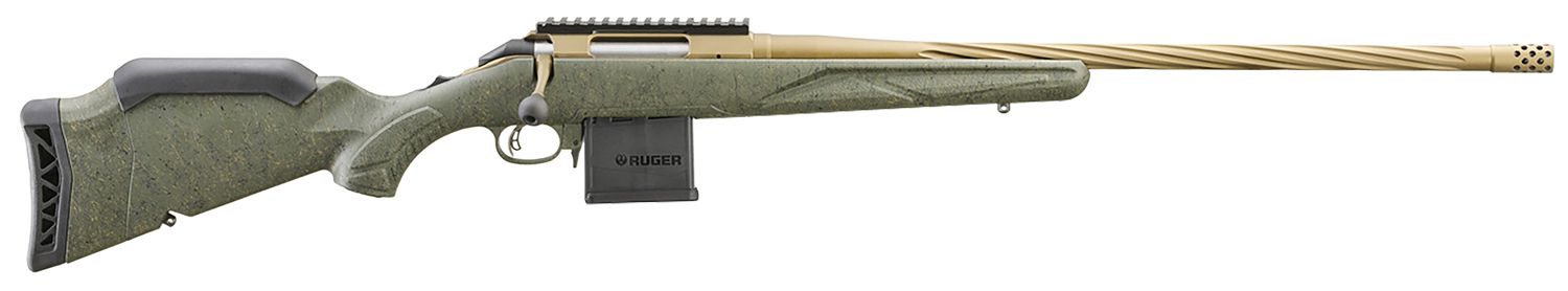 Ruger, American Generation II, Predator, Bolt Action Rifle, 350 Legend, 22&quot; Spiral Fluted Barrel, 1:16 Twist, Threaded 1/2&quot;-28, Muzzle Brake, Cerakote Finish, Burnt Bronze, Green Splatter Synthetic St