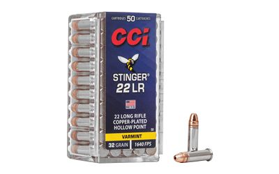CCI 0050 Stinger 22 LR 32 gr Copper Plated Hollow Point 50 Per Box/ 100 Case
