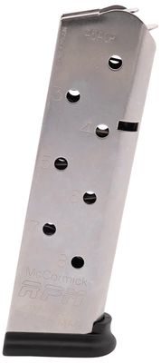 CMC Products 17130 Power Mag Railed 8rd 45 ACP Fits 1911 Government Stainless Steel w/ Black Base Pad