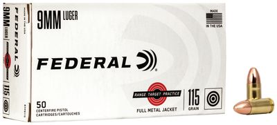 Federal RTP9115 Range &amp; Target 9mmLuger 115gr Full Metal Jacket 50 Per Box/20 Case
