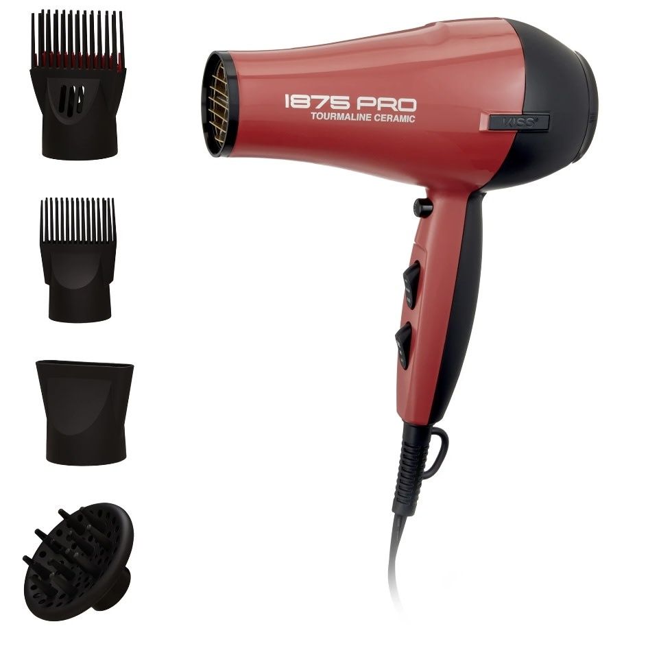KISS Red Tourmaline Ceramic Hair Dryer with 4 Additional Styling Attachments, 1875 Watts, Red