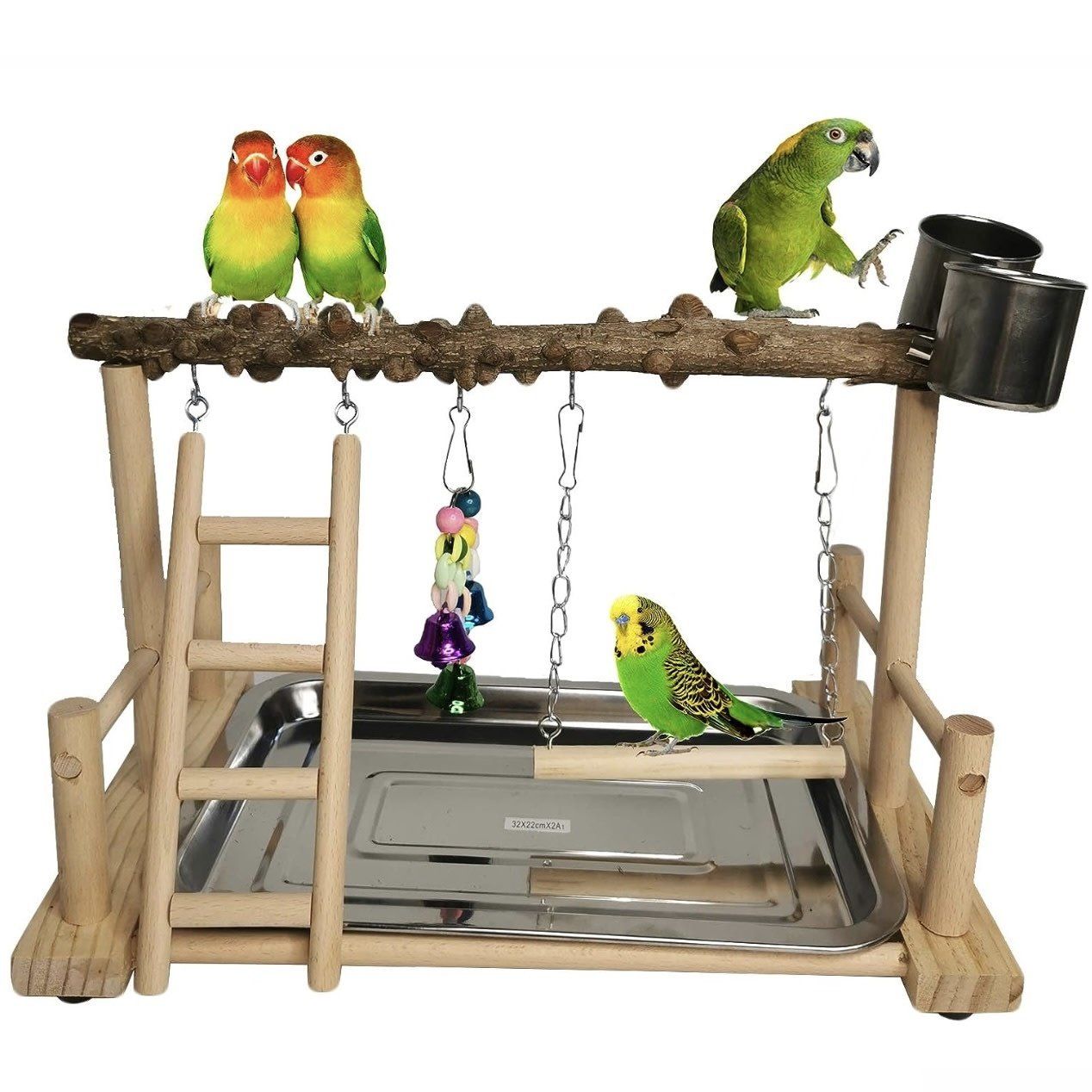 Hamiledyi Parrot Playground Bird Playstand Wood Exercise Play Perch Exercise Gym with Feeder Cups Toys Cockatiel with Ladder Hanging Swing for Pet Conure Lovebirds Life Activity Center Training Stand