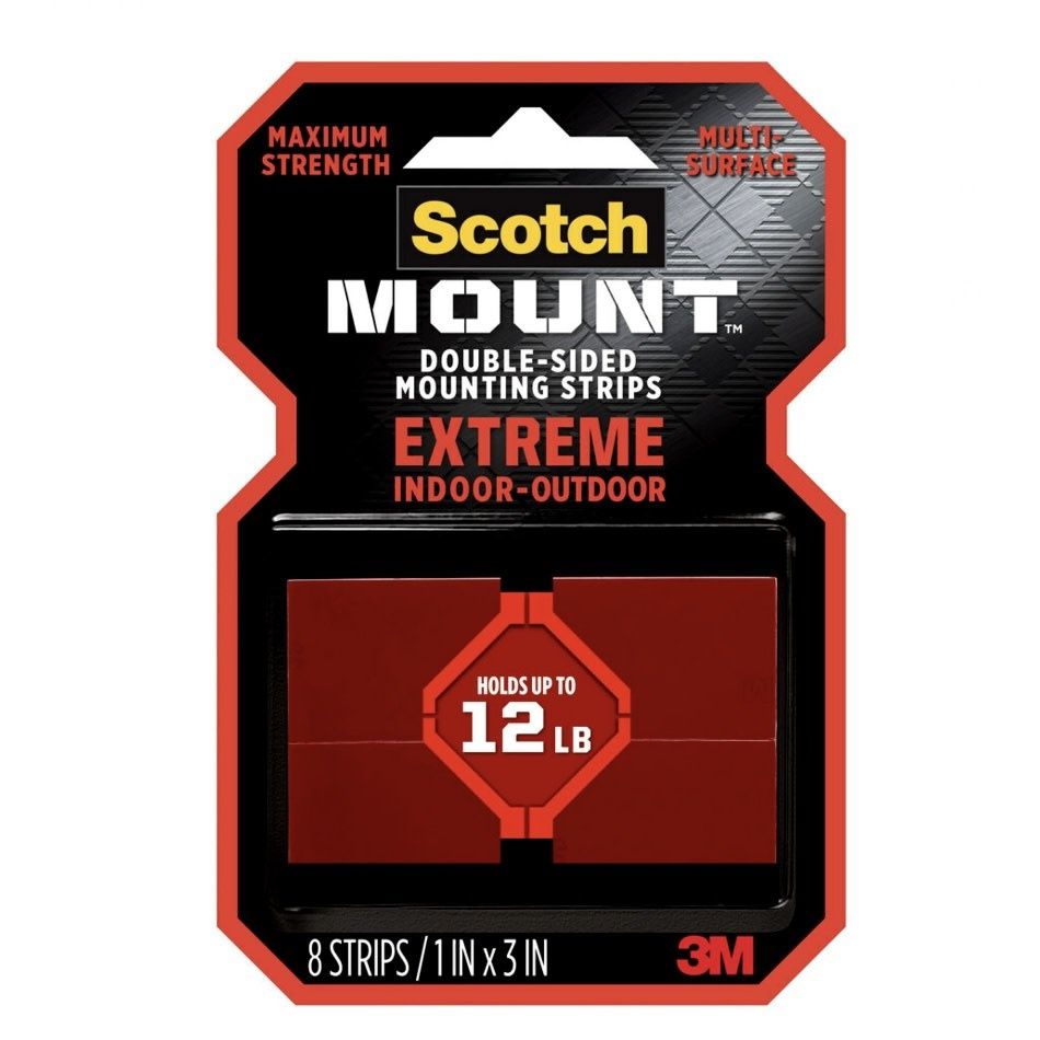 Scotch-Mount Extreme Double-Sided Mounting Strips, Black, Plastic, 1 in x 3 in, 8 Strips