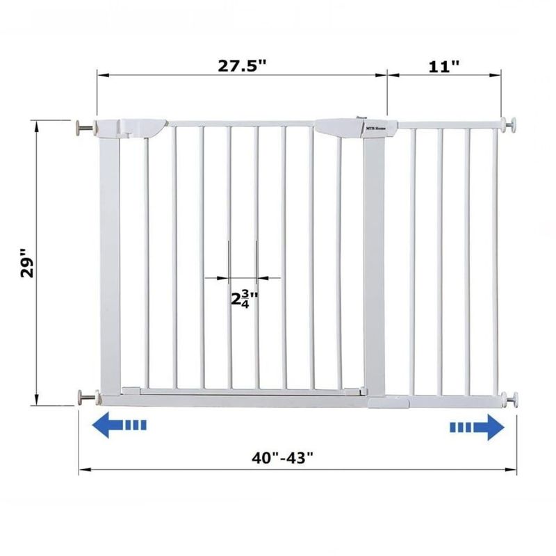 MTB Home Walk Thru Pet Gate, 40" to 43" Extendable Wide, Includes 11-Inch Extension Kit, 4 Pack Pressure Mount Kit, 4 Pack Wall Cups and Mounting Kit, White