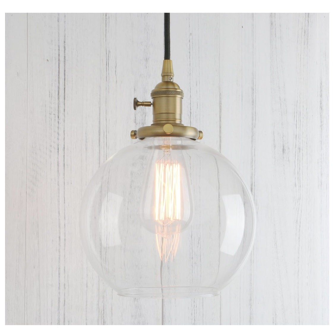 PERMO 1-Light Vintage Industrial Clear Glass Hanging Pendant Light with 7.9&quot; Globe Round Shade (Antique)