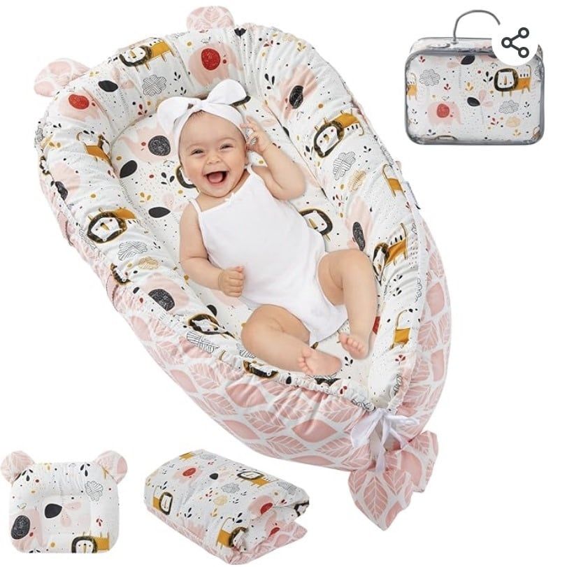 FXXWJP Baby Lounger - 100% Cotton + Pillow + Blanket - Breathable and Elastic - Adjustable Straps - Portable Design - Detachable and Washable - Suitable for 0-24 Months! (Style-2)