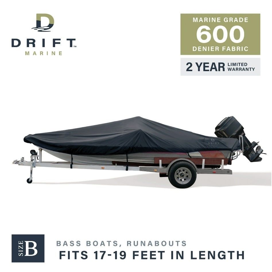 DRIFT 600D Waterproof Trailerable Boat Cover Style B, 17-19, 96 Beam, Anti-UV, Black