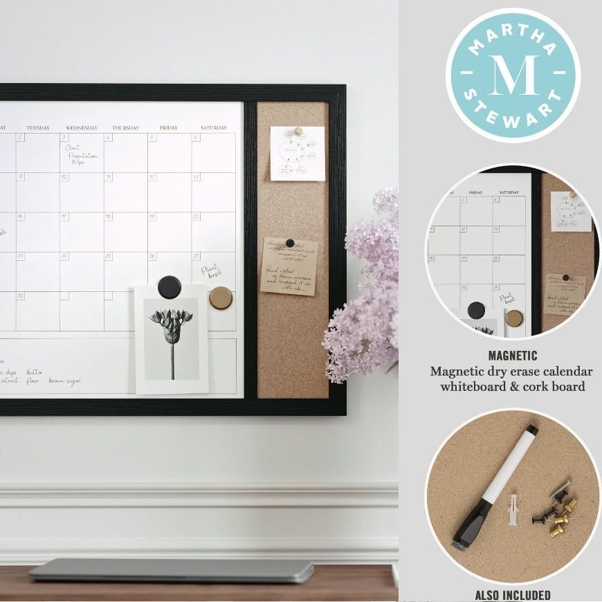 Martha Stewart Everette 24x18 Magnetic Dry Erase Mth Calendar w/ Cork Board