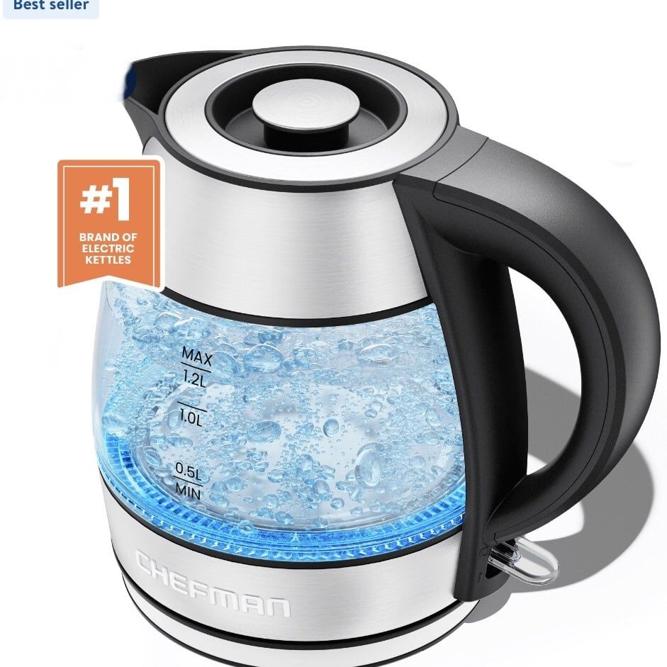 Chefman Rapid Boil Glass Kettle, 1.2 Liter, 1500 Watts