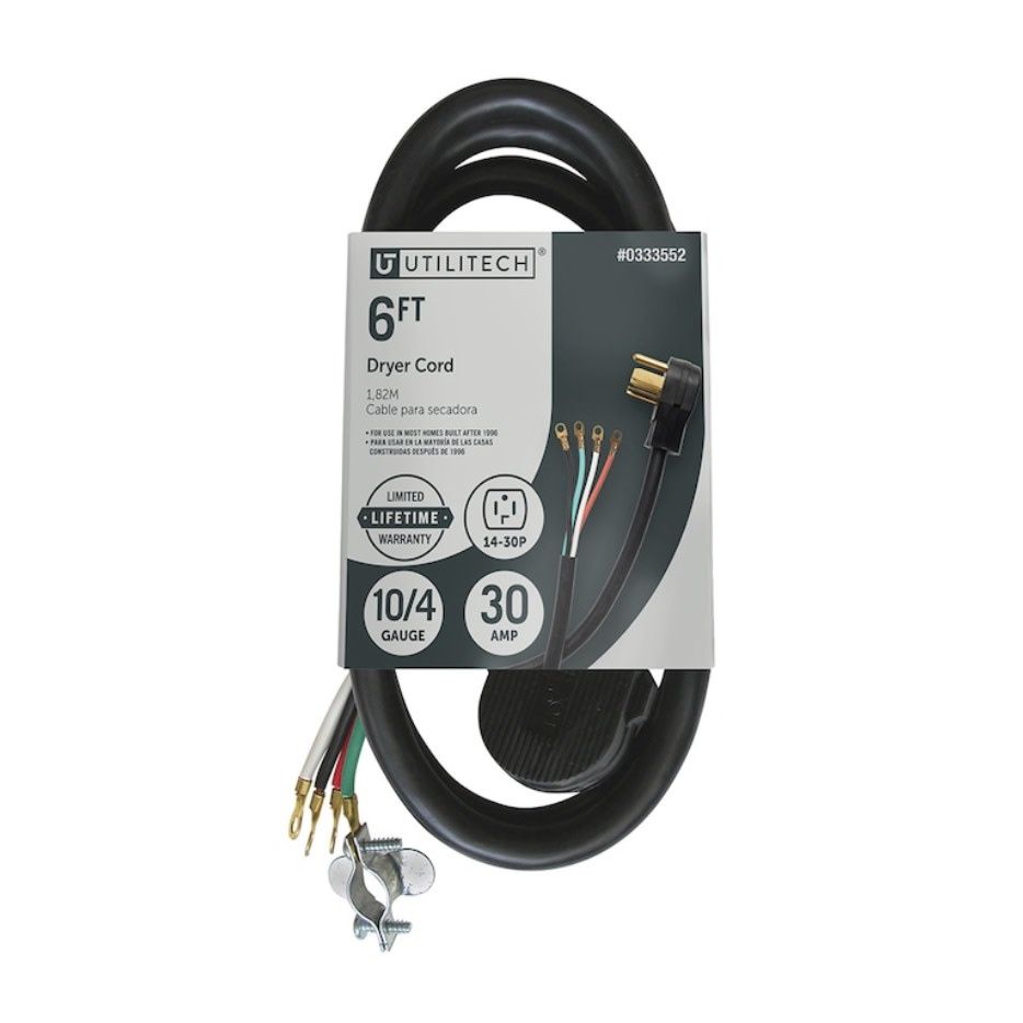 Utility Tech Dryer Power Cord, 6ft/4Prong, Black