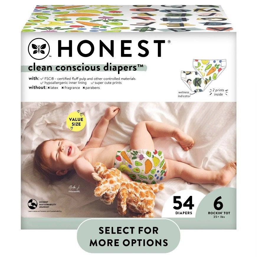 Honest Disposable Baby Diapers, Size 6, 54 Count